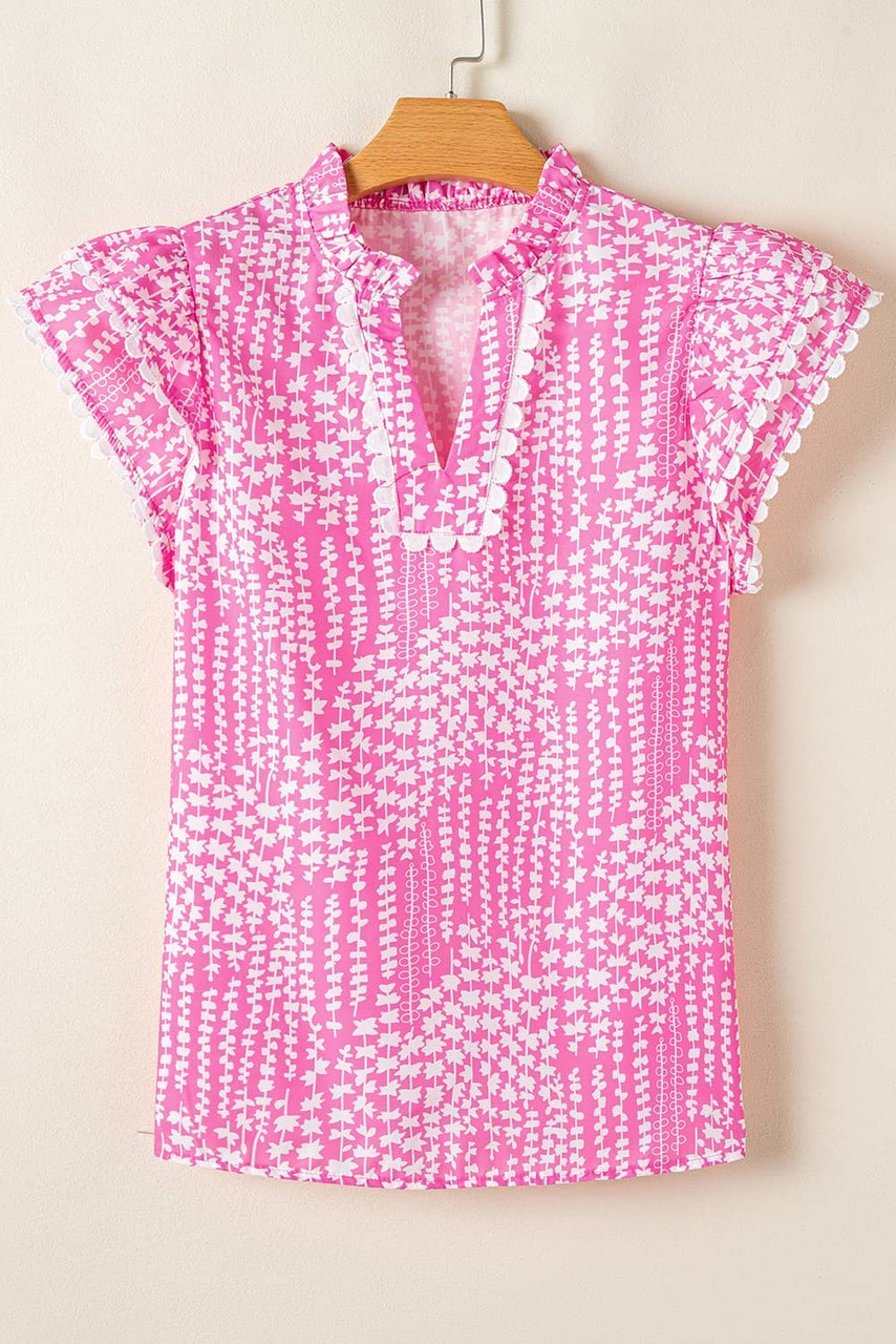 Pink Abstract Print Ric Rac Trim Flutter Sleeve Notch V Neck Blouse Pink Abstract Print Ric Rac Trim Flutter Sleeve Notch V Neck Blouse