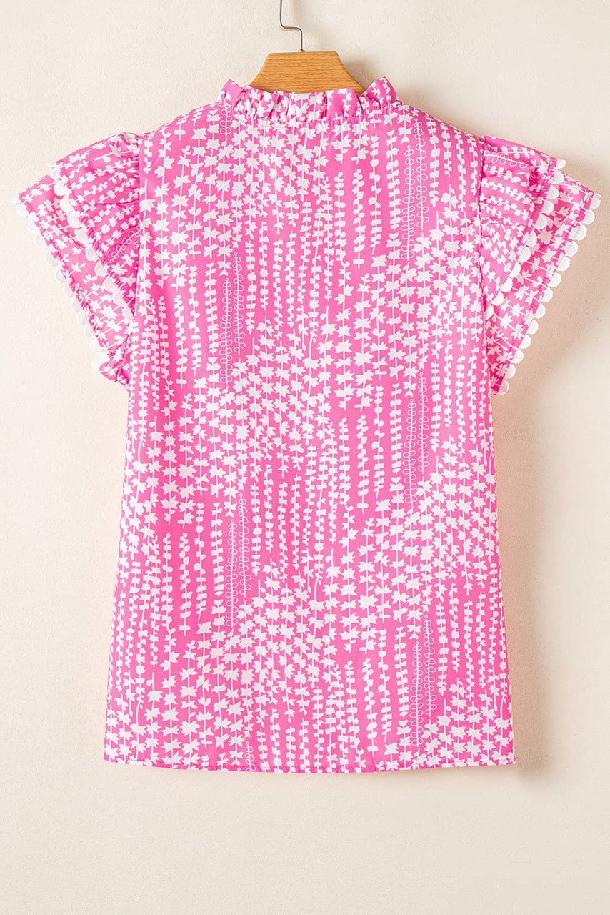 Pink Abstract Print Ric Rac Trim Flutter Sleeve Notch V Neck Blouse Pink Abstract Print Ric Rac Trim Flutter Sleeve Notch V Neck Blouse