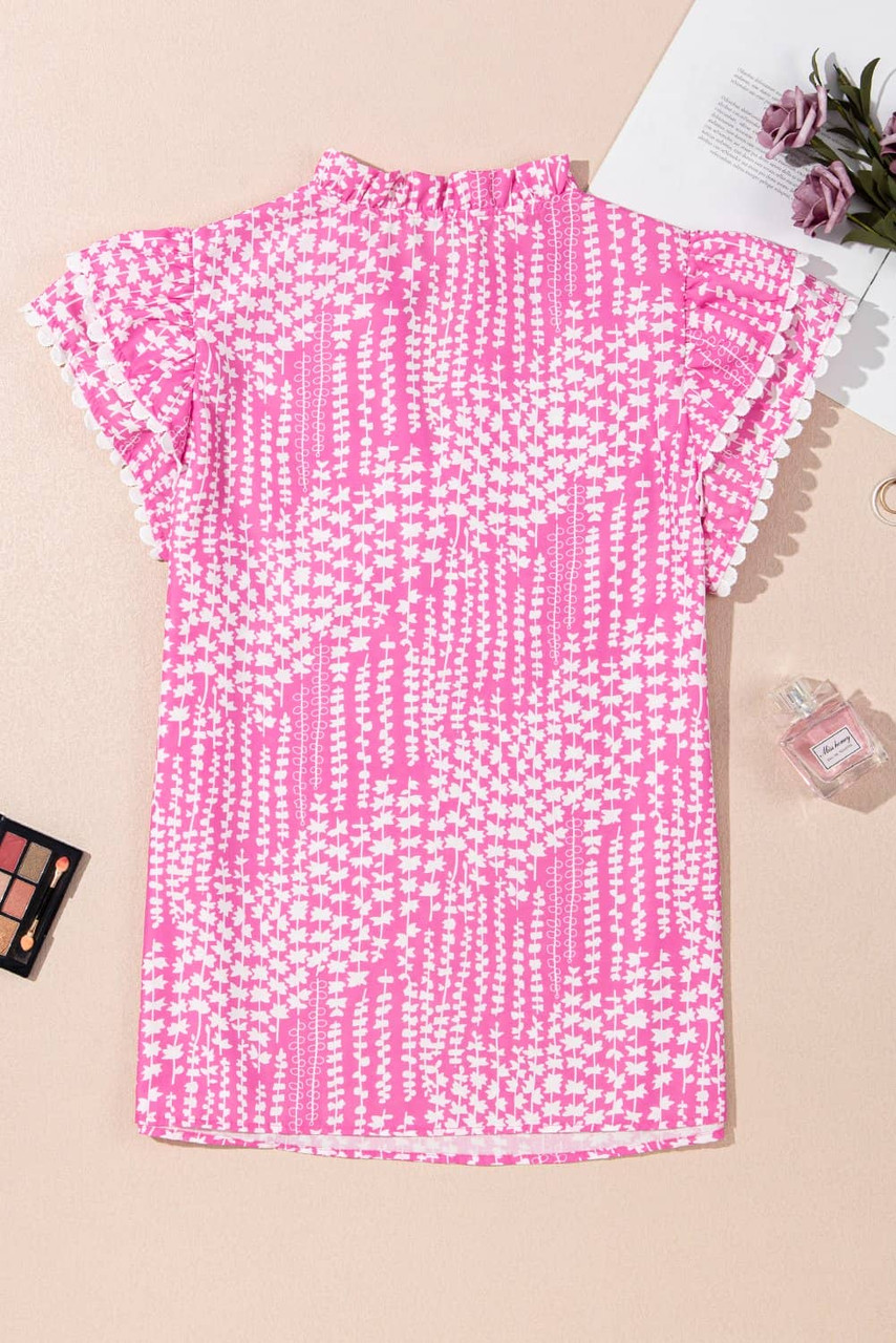 Pink Abstract Print Ric Rac Trim Flutter Sleeve Notch V Neck Blouse Pink Abstract Print Ric Rac Trim Flutter Sleeve Notch V Neck Blouse