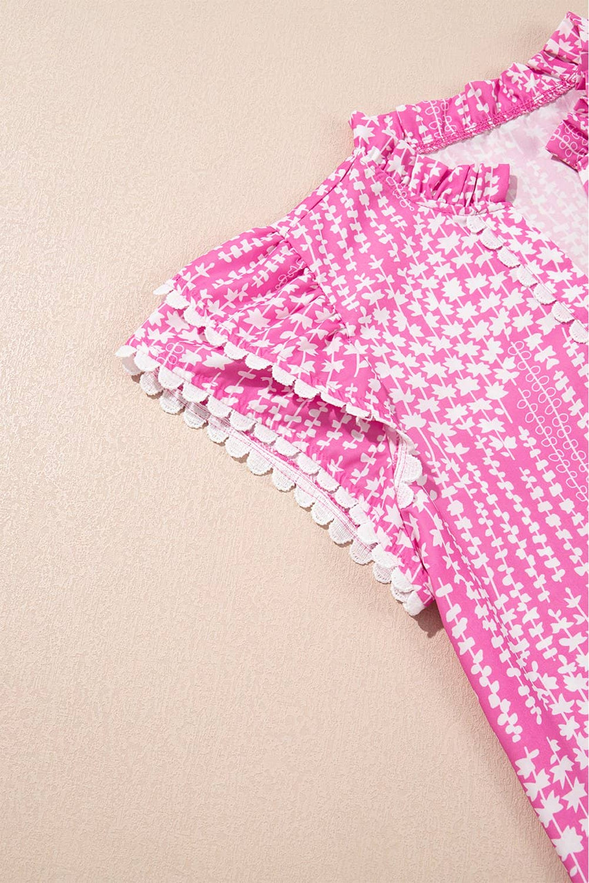 Pink Abstract Print Ric Rac Trim Flutter Sleeve Notch V Neck Blouse Pink Abstract Print Ric Rac Trim Flutter Sleeve Notch V Neck Blouse