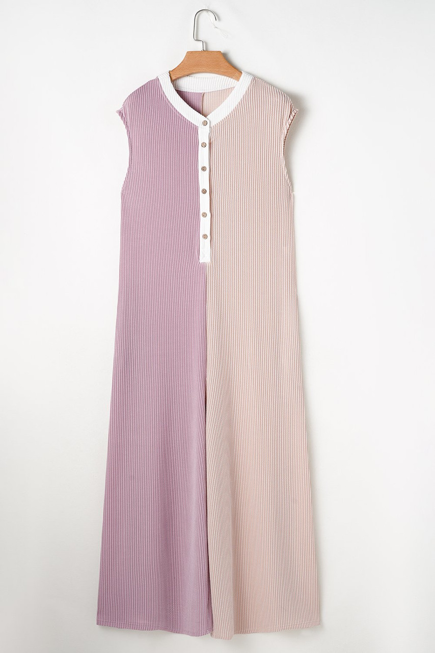 Parchment Color Block Corded Knit Buttoned Super Wide Leg Jumpsuit Parchment Color Block Corded Knit Buttoned Super Wide Leg Jumpsuit