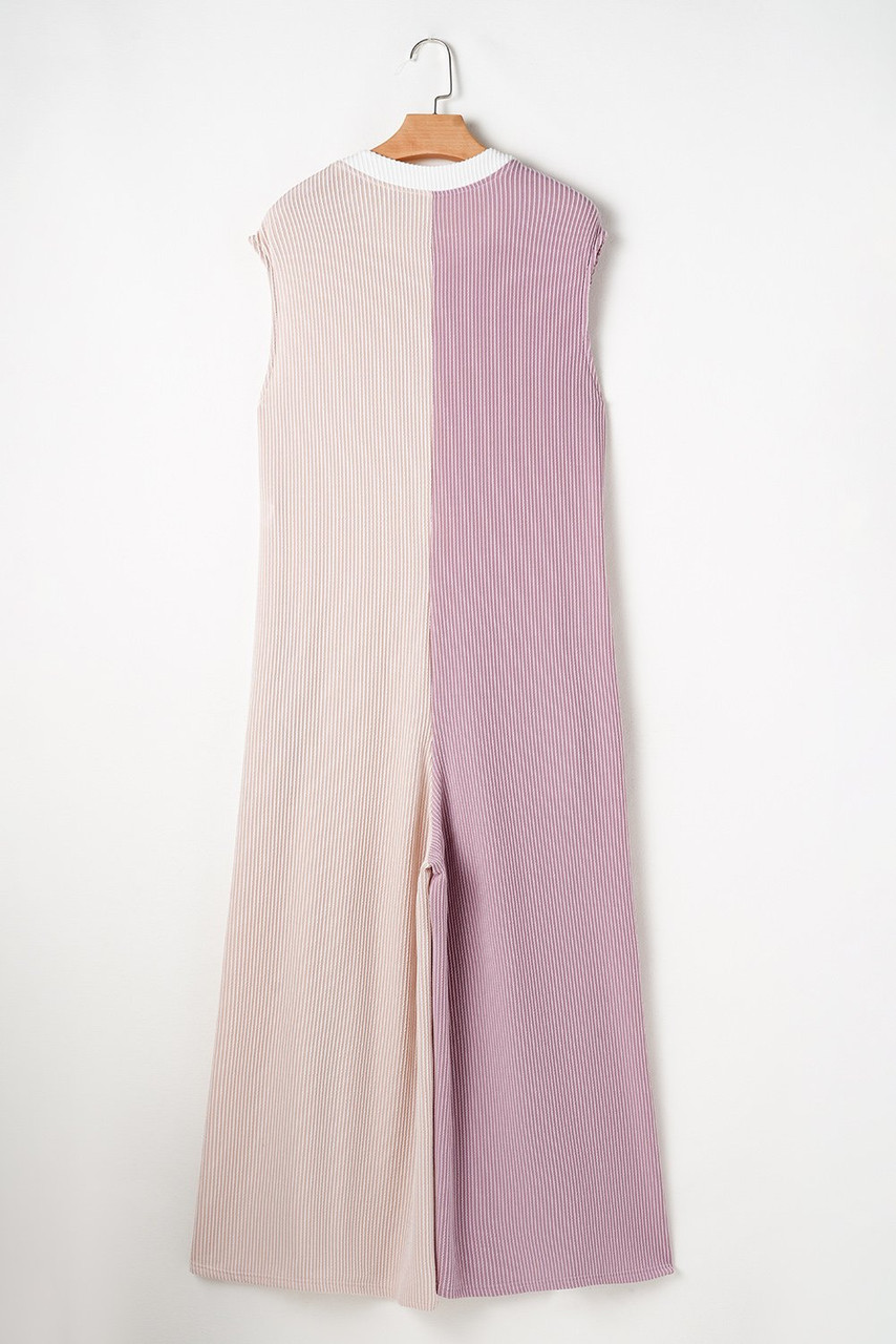 Parchment Color Block Corded Knit Buttoned Super Wide Leg Jumpsuit Parchment Color Block Corded Knit Buttoned Super Wide Leg Jumpsuit