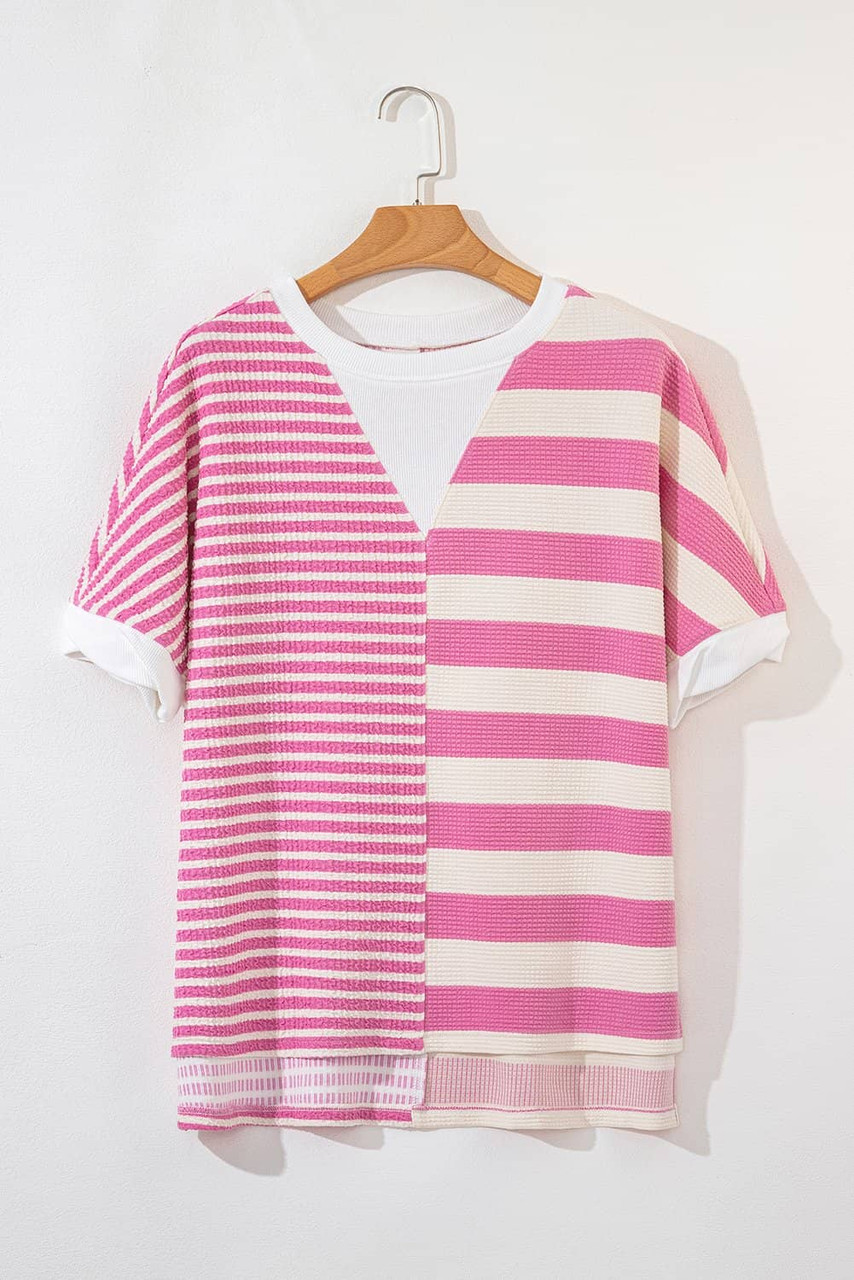 Pink Stripe Patchwork Textured Short Sleeve High Low Loose Top
