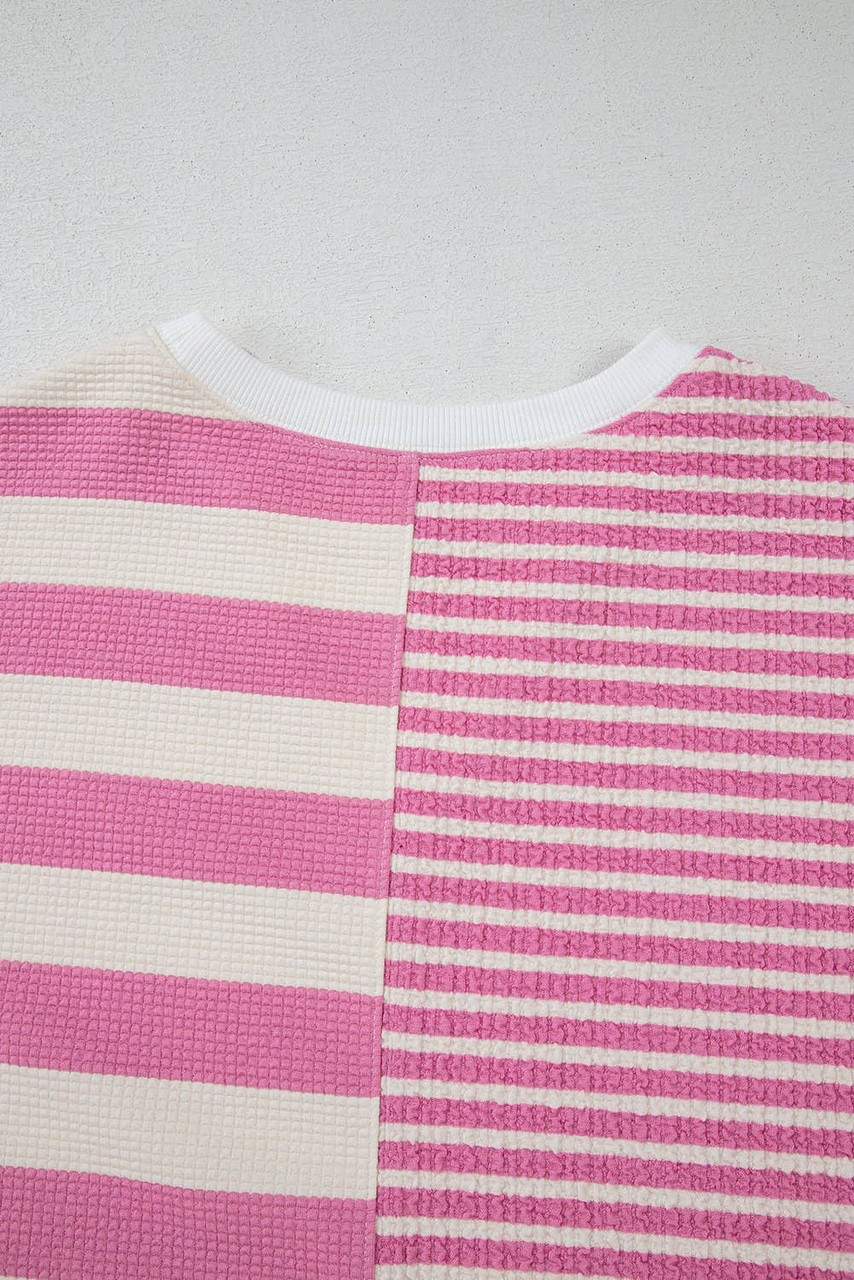 Pink Stripe Patchwork Textured Short Sleeve High Low Loose Top