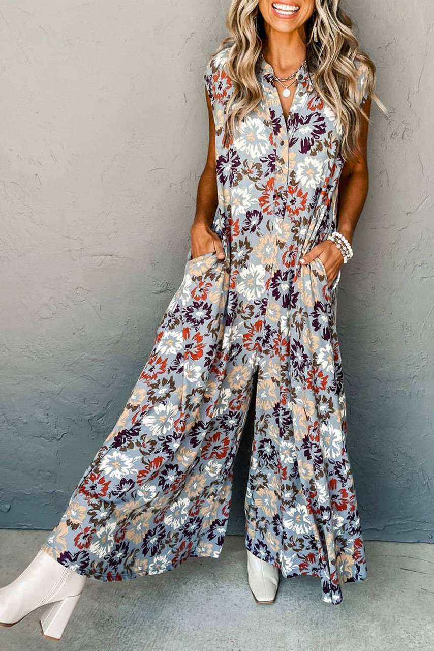 Sky Blue Floral Sleeveless Buttoned Pocketed Wide Leg Jumpsuit Sky Blue Floral Sleeveless Buttoned Pocketed Wide Leg Jumpsuit