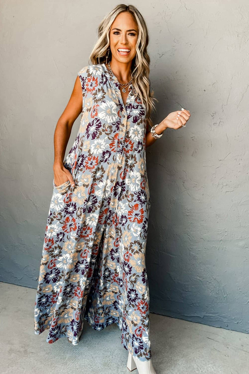 Sky Blue Floral Sleeveless Buttoned Pocketed Wide Leg Jumpsuit Sky Blue Floral Sleeveless Buttoned Pocketed Wide Leg Jumpsuit