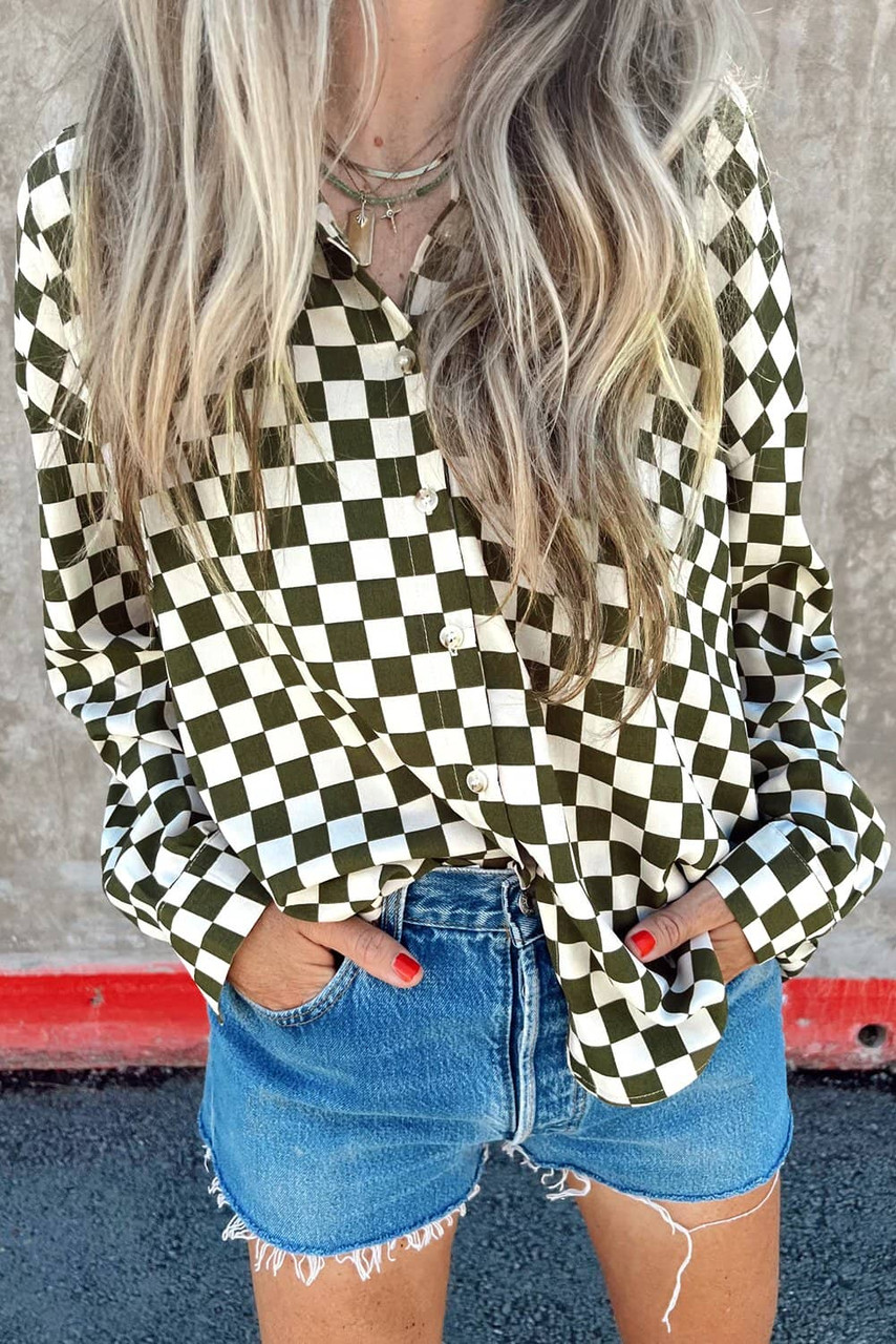 Green Checkerboard Printed Drop Shoulder Loose Casual Shirt Green Checkerboard Printed Drop Shoulder Loose Casual Shirt
