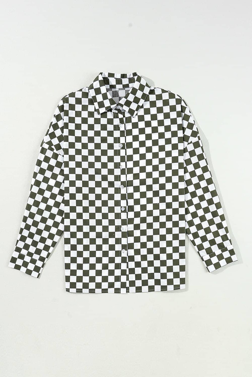 Green Checkerboard Printed Drop Shoulder Loose Casual Shirt Green Checkerboard Printed Drop Shoulder Loose Casual Shirt