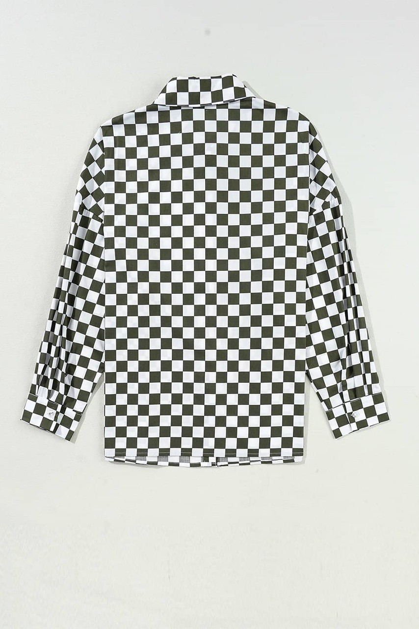 Green Checkerboard Printed Drop Shoulder Loose Casual Shirt Green Checkerboard Printed Drop Shoulder Loose Casual Shirt