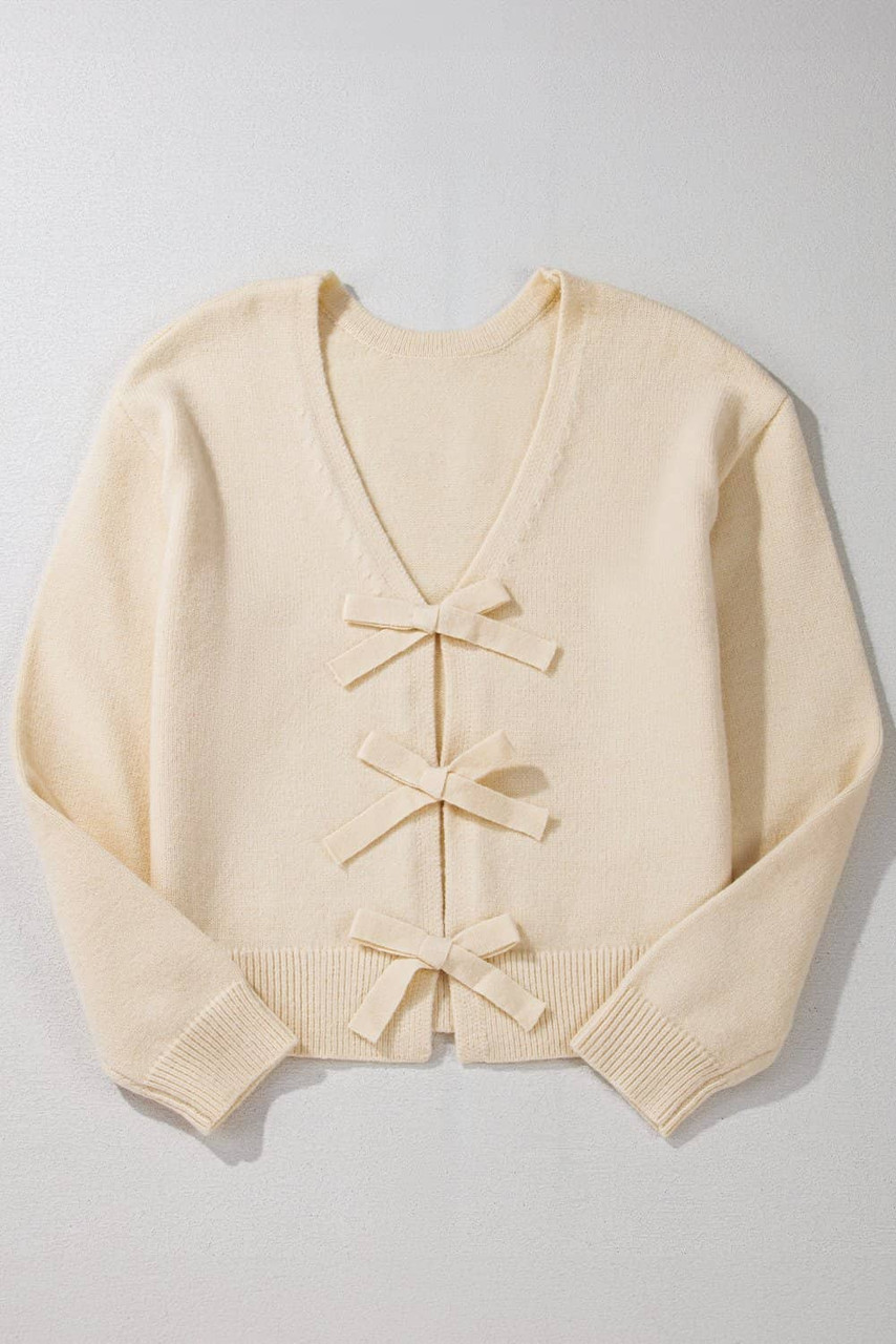 Jet Stream Bowknot Front Loose V Neck Knitted Cardigan Jet Stream Bowknot Front Loose V Neck Knitted Cardigan