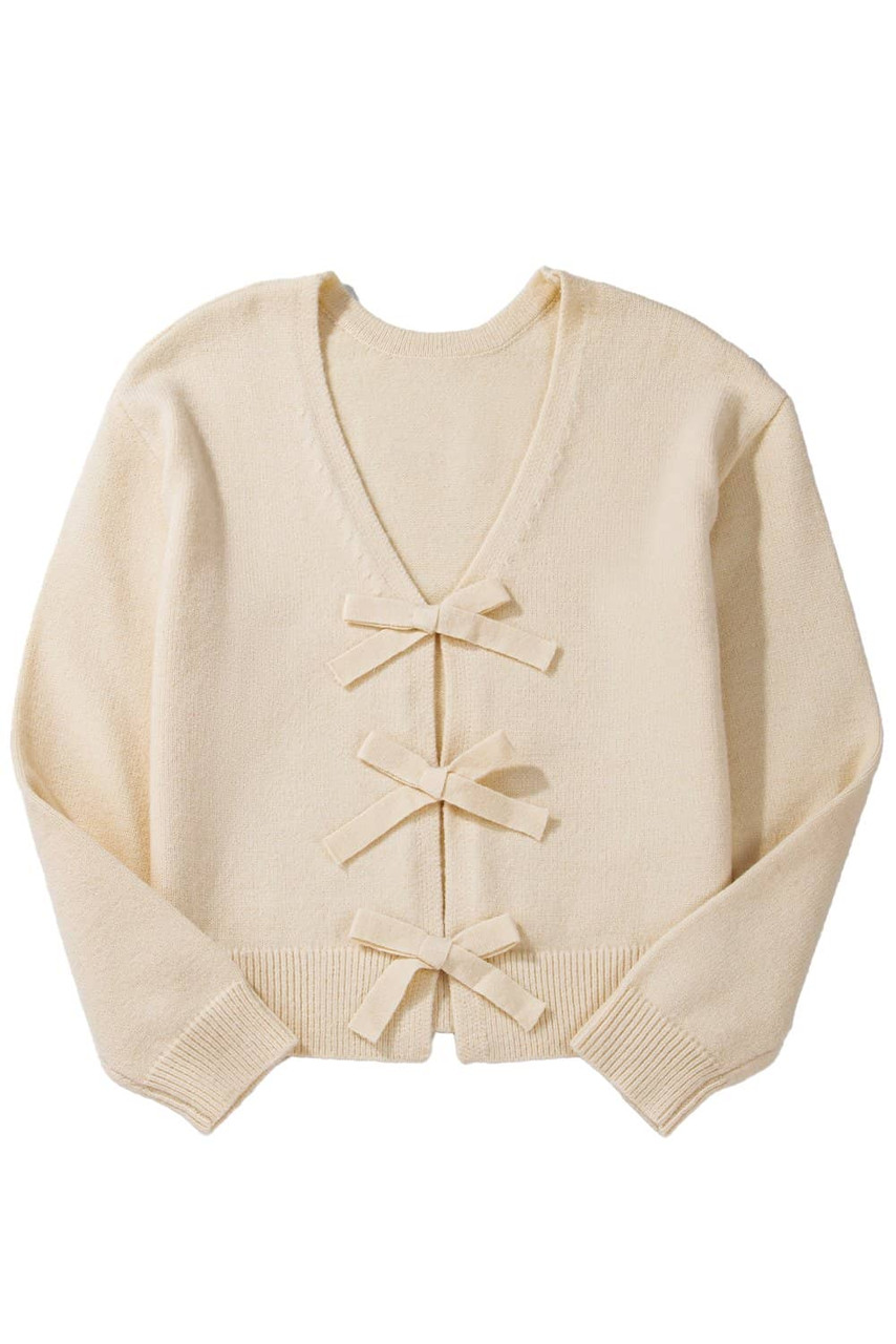 Jet Stream Bowknot Front Loose V Neck Knitted Cardigan Jet Stream Bowknot Front Loose V Neck Knitted Cardigan