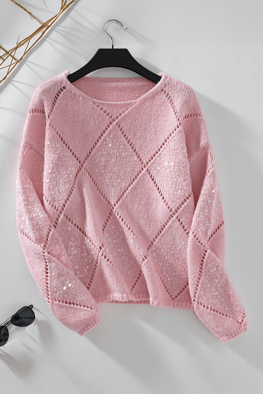 Light Pink Hollowed Rhombus Pattern Sequin Detail Round Neck Sweater Light Pink Hollowed Rhombus Pattern Sequin Detail Round Neck Sweater
