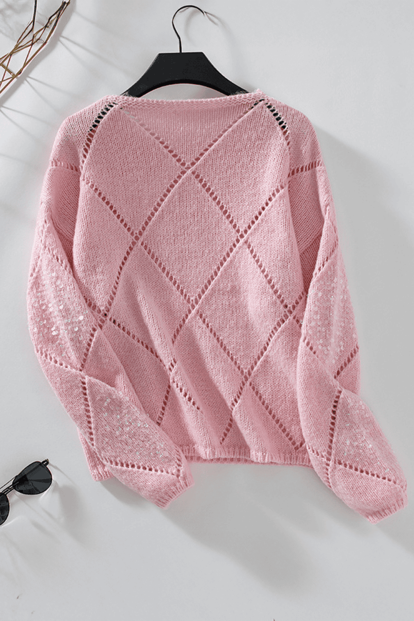 Light Pink Hollowed Rhombus Pattern Sequin Detail Round Neck Sweater Light Pink Hollowed Rhombus Pattern Sequin Detail Round Neck Sweater