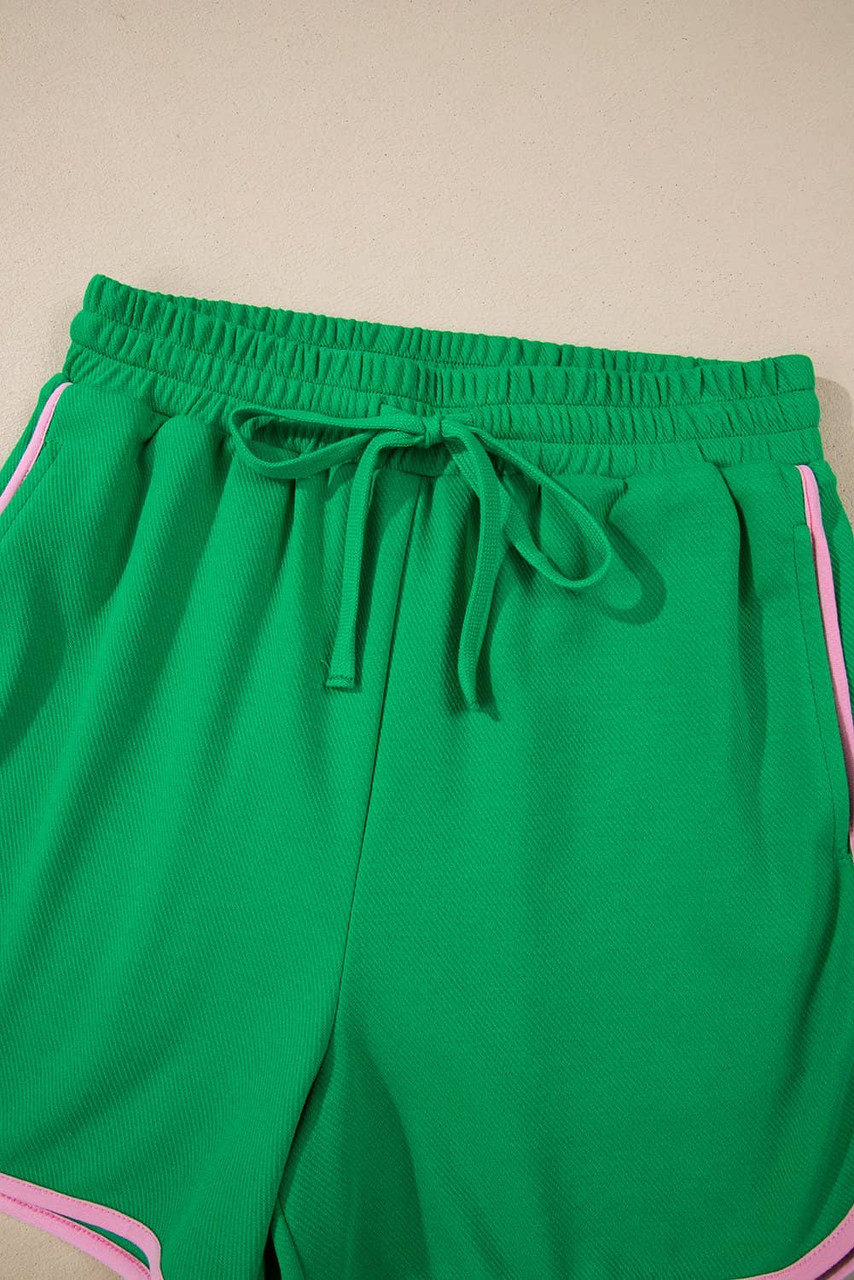 Bright Green Two Tone Contrast Textured Crewneck Tee and Shorts Set
