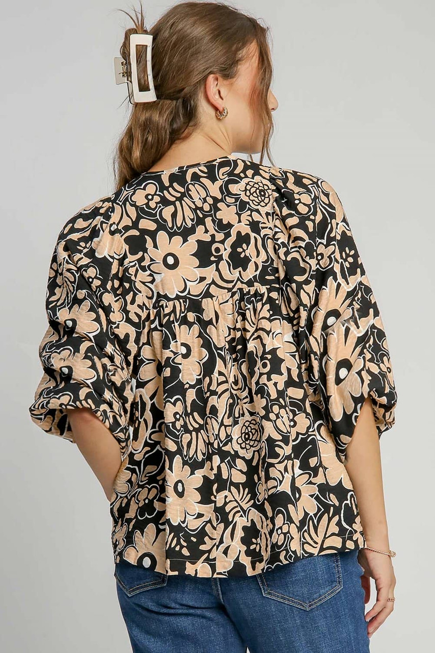Black Floral Shirred Yoke Bracelet Sleeve Split Neck Boho Blouse Black Floral Shirred Yoke Bracelet Sleeve Split Neck Boho Blouse