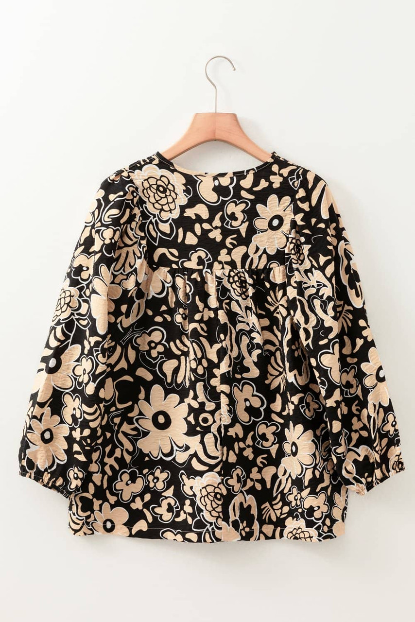 Black Floral Shirred Yoke Bracelet Sleeve Split Neck Boho Blouse Black Floral Shirred Yoke Bracelet Sleeve Split Neck Boho Blouse