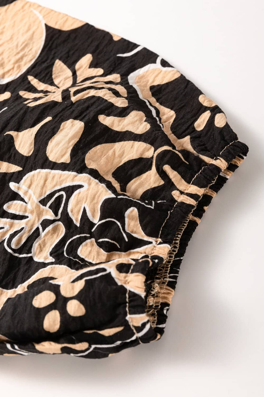 Black Floral Shirred Yoke Bracelet Sleeve Split Neck Boho Blouse Black Floral Shirred Yoke Bracelet Sleeve Split Neck Boho Blouse