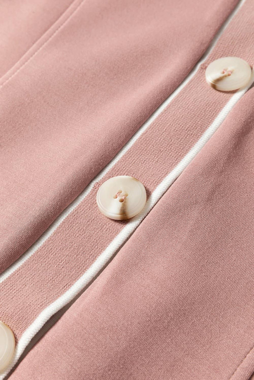 Pink Stripe Contrast Trim V Neck Buttoned Front Pocketed Knit Cardigan Pink Stripe Contrast Trim V Neck Buttoned Front Pocketed Knit Cardigan