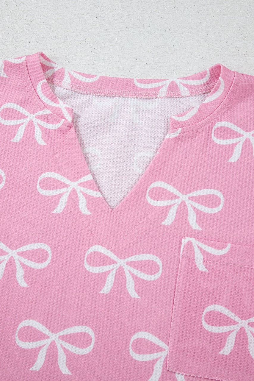 Pink Waffle Knit Bowknot Printed V Neck T Shirt and Shorts Set
