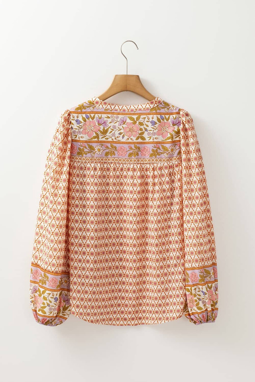 Multicolour Boho Floral Mixed Print Puff Sleeve Shirt Multicolour Boho Floral Mixed Print Puff Sleeve Shirt