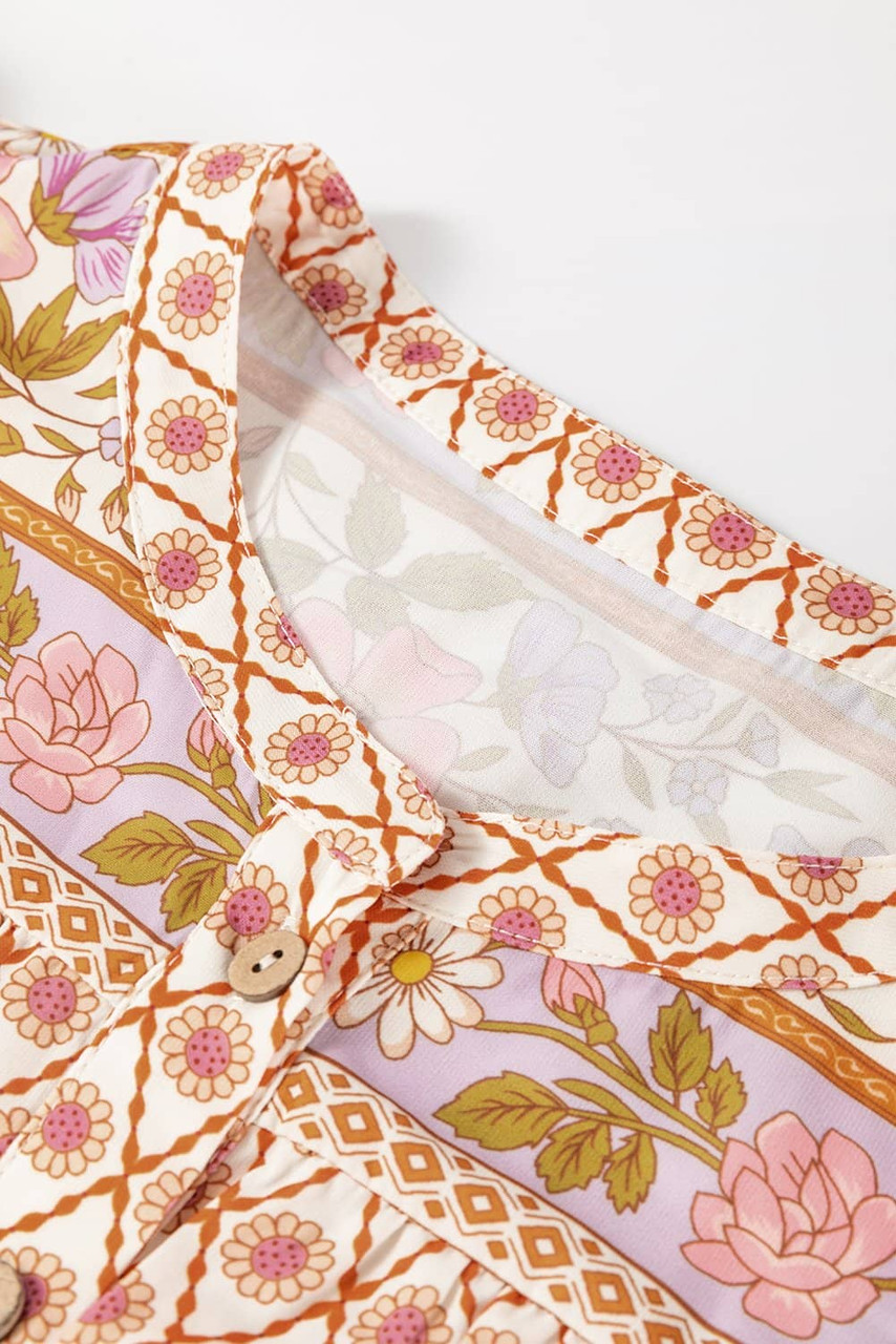 Multicolour Boho Floral Mixed Print Puff Sleeve Shirt Multicolour Boho Floral Mixed Print Puff Sleeve Shirt