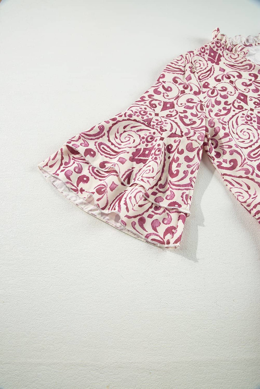 Pink Paisley Print Tiered 3/4 Sleeve Notched Neck Mini Dress