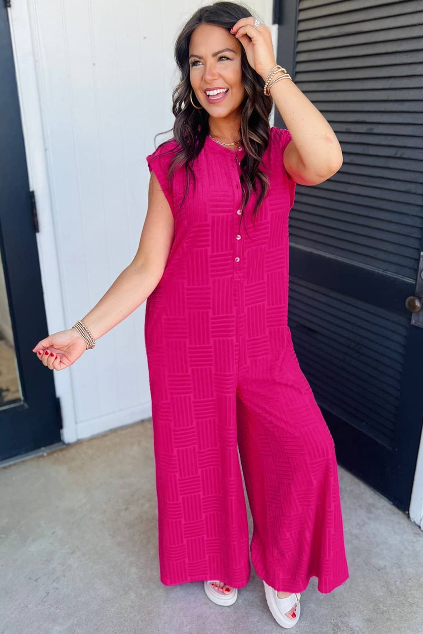Bright Pink Terry Textured Sleeveless Button Front Wide Leg Jumpsuit Bright Pink Terry Textured Sleeveless Button Front Wide Leg Jumpsuit