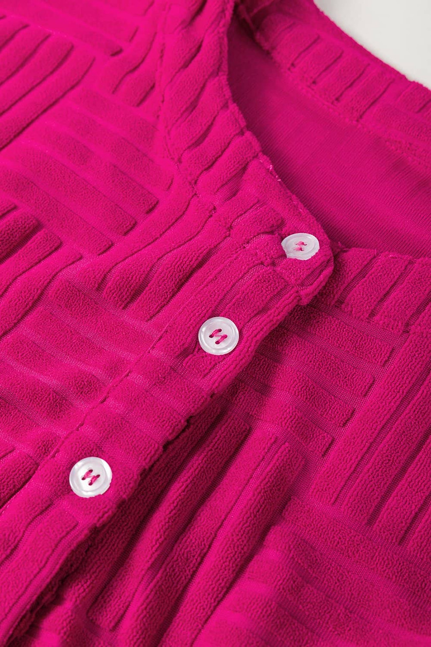 Bright Pink Terry Textured Sleeveless Button Front Wide Leg Jumpsuit Bright Pink Terry Textured Sleeveless Button Front Wide Leg Jumpsuit