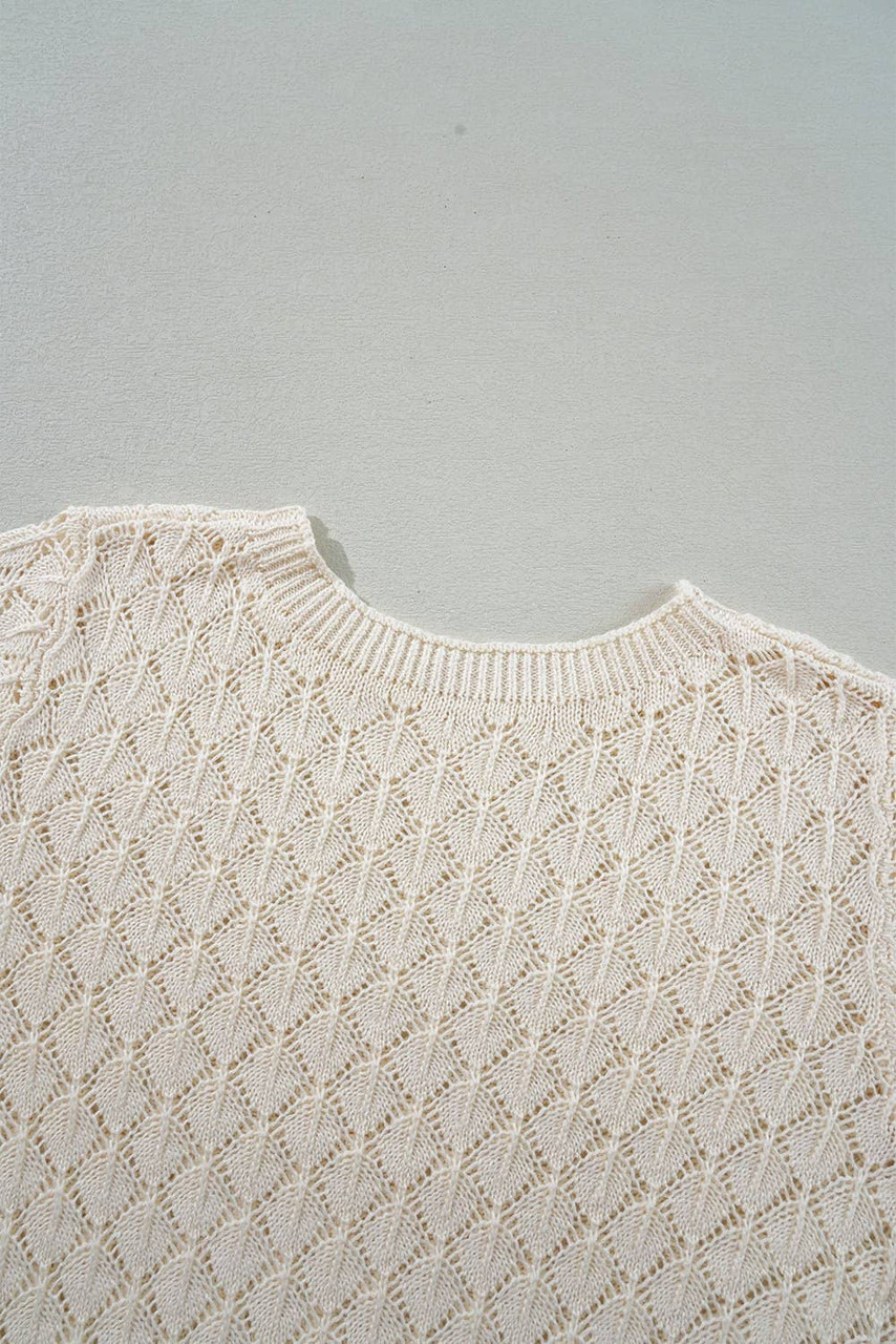 Beige Hollow Out Crochet O Neck Short Sleeve Sweater Tee