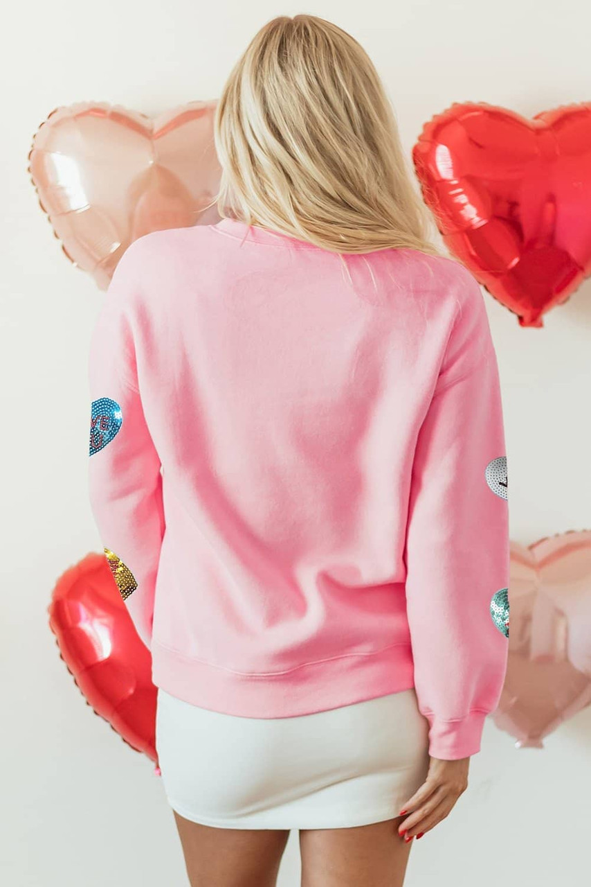 Pink Sequin Romantic Letters Heart Graphic Valentines Sweatshirt Pink Sequin Romantic Letters Heart Graphic Valentines Sweatshirt