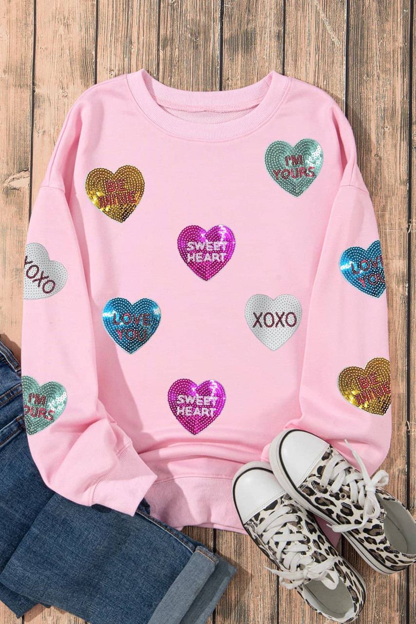 Pink Sequin Romantic Letters Heart Graphic Valentines Sweatshirt Pink Sequin Romantic Letters Heart Graphic Valentines Sweatshirt