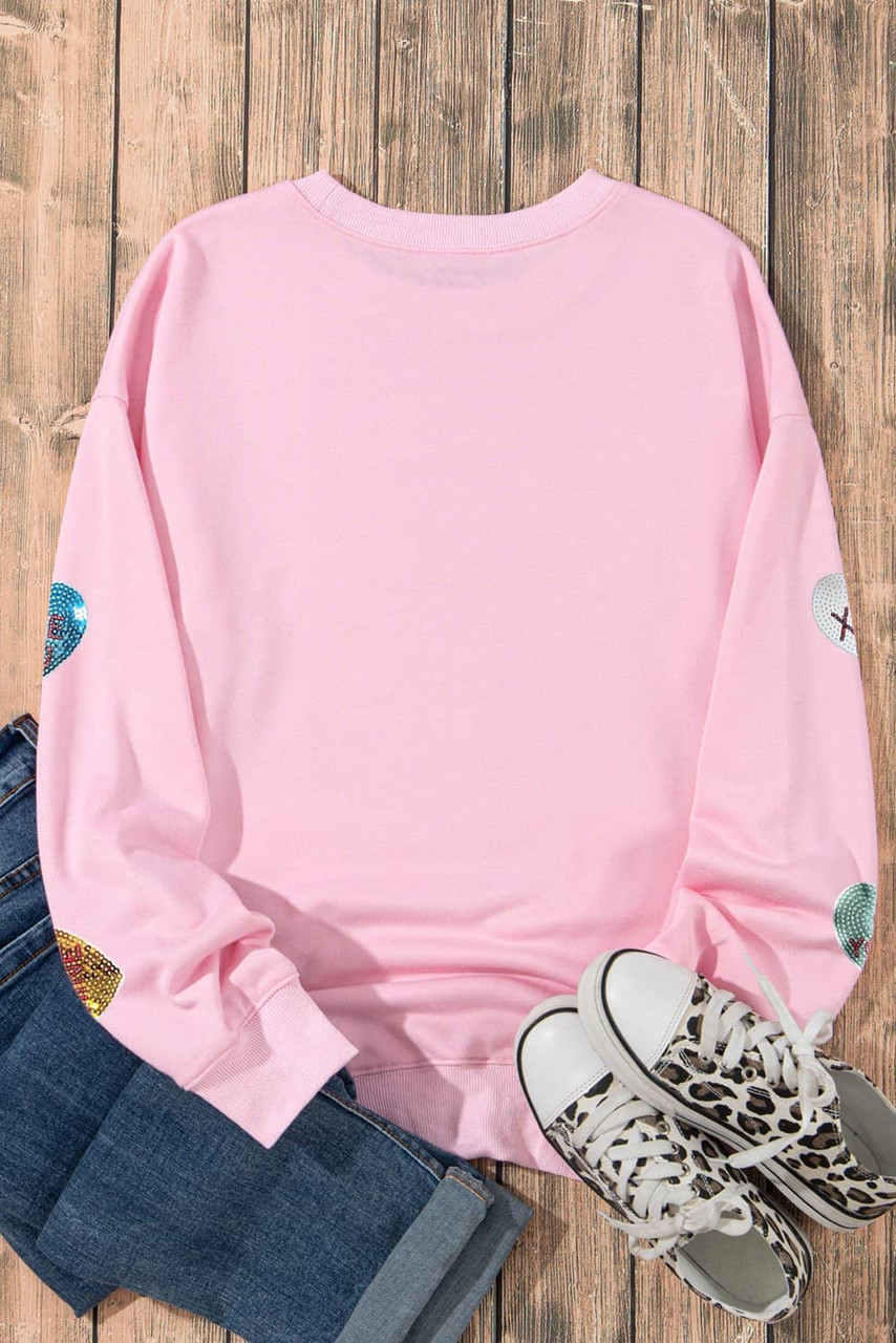 Pink Sequin Romantic Letters Heart Graphic Valentines Sweatshirt Pink Sequin Romantic Letters Heart Graphic Valentines Sweatshirt