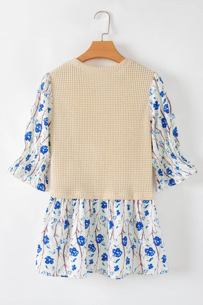 Beige Waffle Floral Patchwork Short Flounce Sleeve Peplum Blouse Beige Waffle Floral Patchwork Short Flounce Sleeve Peplum Blouse