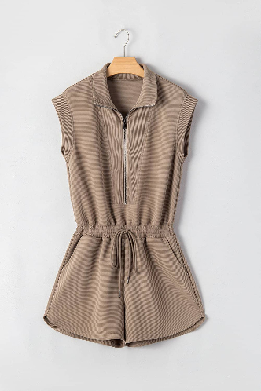 Dark Khaki Textured Short Sleeve Half Zip Drawstring Waist Romper Dark Khaki Textured Short Sleeve Half Zip Drawstring Waist Romper