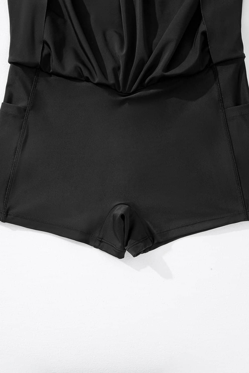 Black Solid Pocketed Crossover High Waist Swim Skort Black Solid Pocketed Crossover High Waist Swim Skort