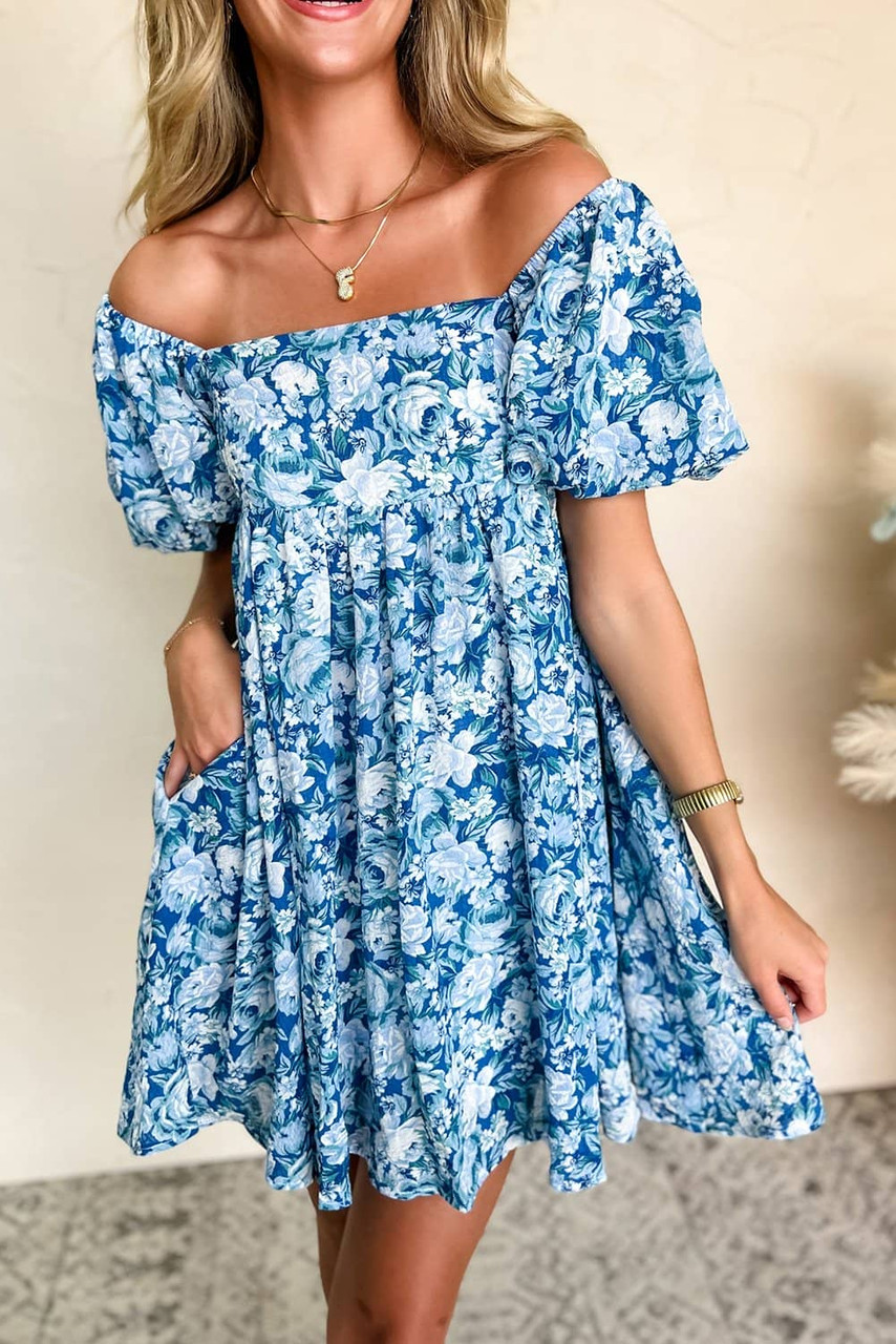 Blue Floral Puff Sleeve Babydoll Mini Dress Blue Floral Puff Sleeve Babydoll Mini Dress
