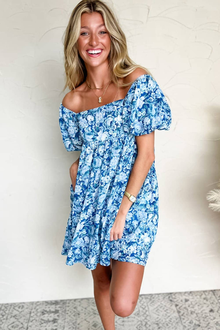 Blue Floral Puff Sleeve Babydoll Mini Dress Blue Floral Puff Sleeve Babydoll Mini Dress