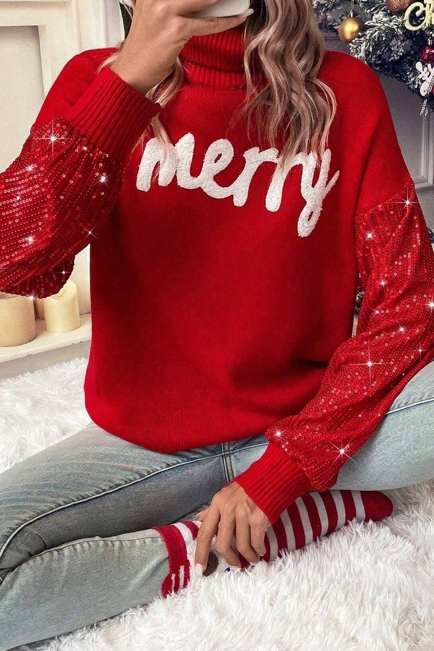 Racing Red Merry Graphic Sequin Sleeves Christmas Turtleneck Sweater Racing Red Merry Graphic Sequin Sleeves Christmas Turtleneck Sweater