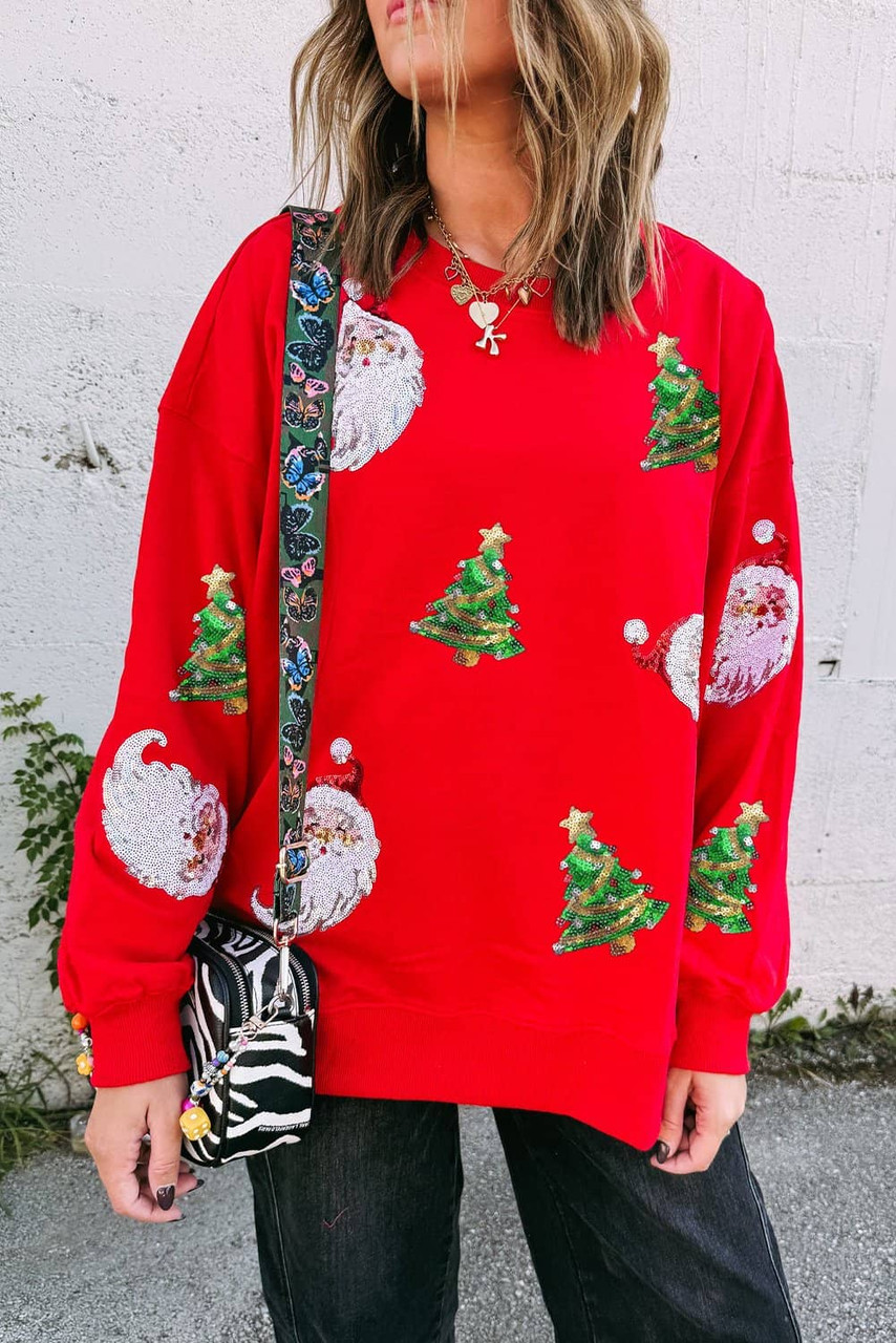 Red Santa Claus Christmas Tree Patched Pattern Drop Shoulder Sweatshirt Red Santa Claus Christmas Tree Patched Pattern Drop Shoulder Sweatshirt