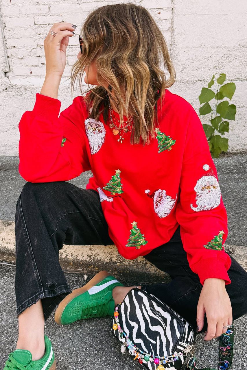 Red Santa Claus Christmas Tree Patched Pattern Drop Shoulder Sweatshirt Red Santa Claus Christmas Tree Patched Pattern Drop Shoulder Sweatshirt