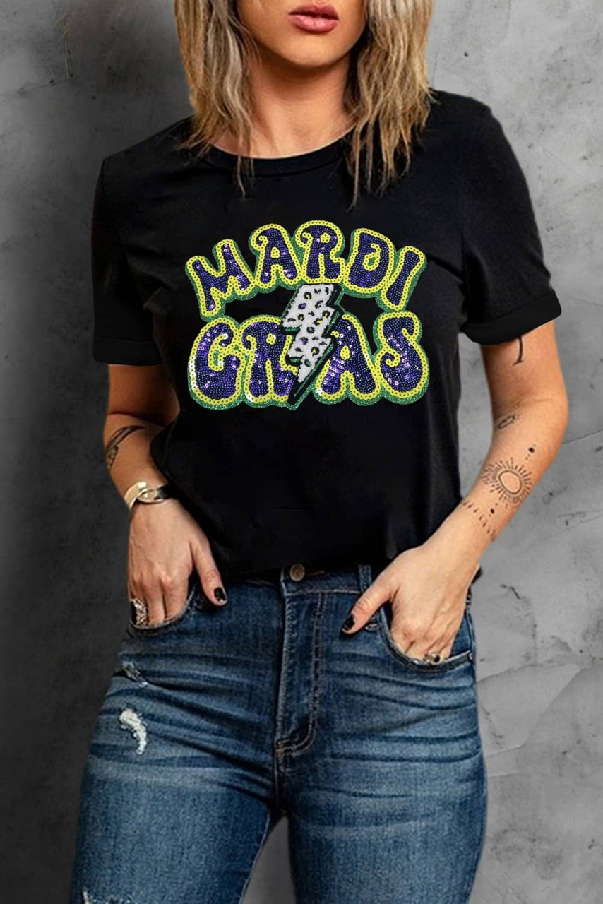Black MARDI GRAS Lightning Graphic Short Sleeve Top Black MARDI GRAS Lightning Graphic Short Sleeve Top