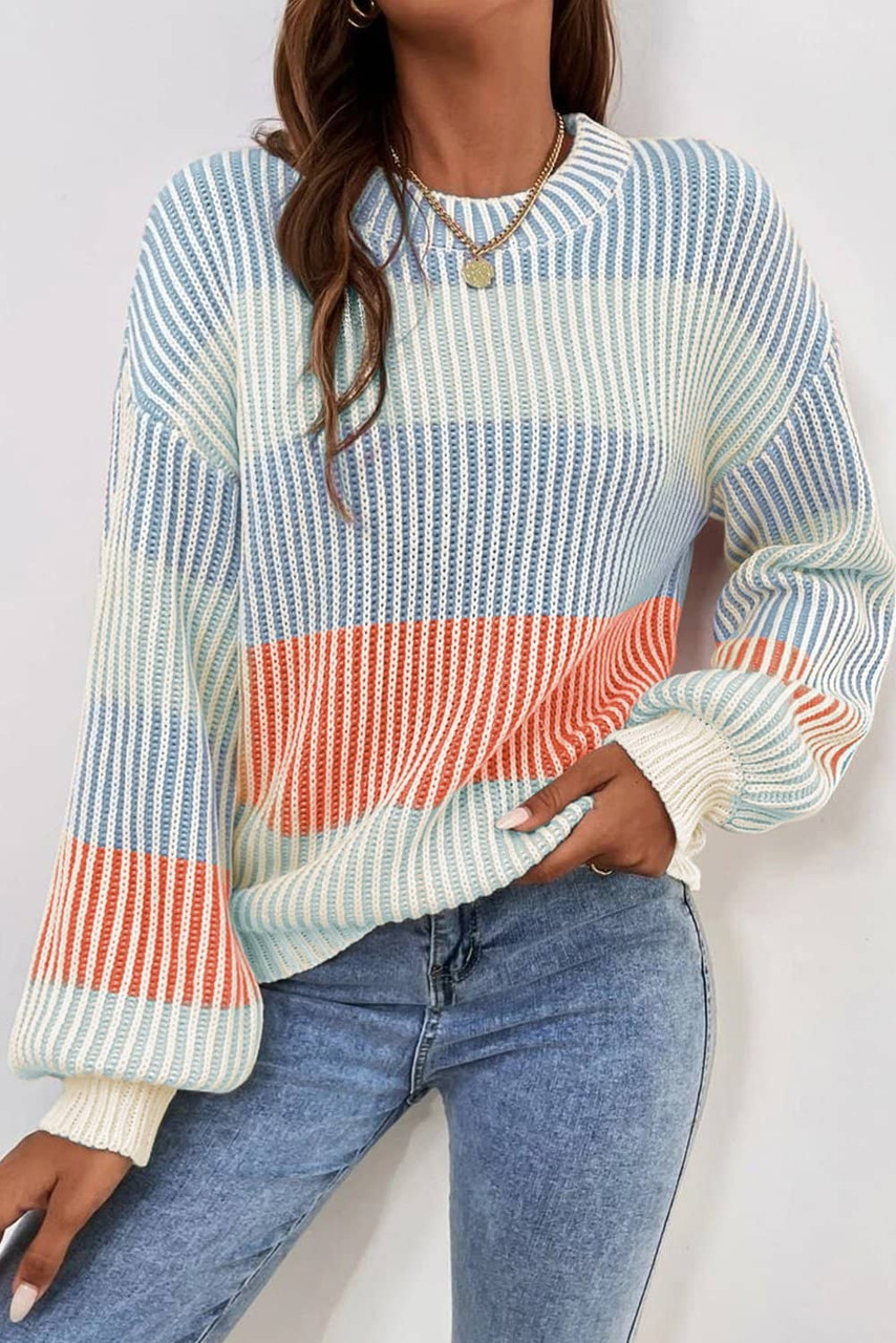 Multicolour Colorblock Textured Knit Bubble Sleeve Sweater Multicolour Colorblock Textured Knit Bubble Sleeve Sweater