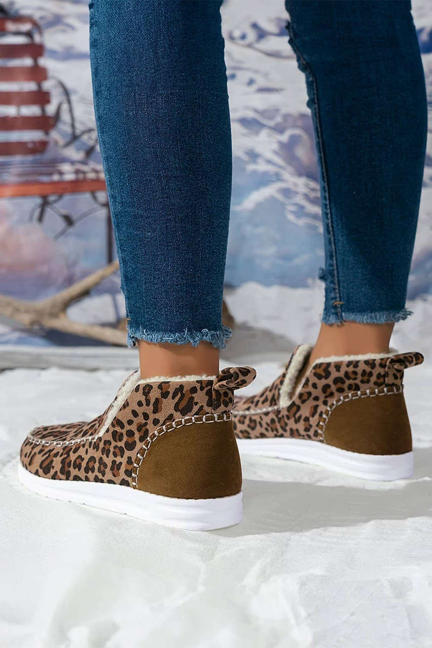 Brown Leopard Print Ankle Patched Flat Winter Fur Boots Brown Leopard Print Ankle Patched Flat Winter Fur Boots