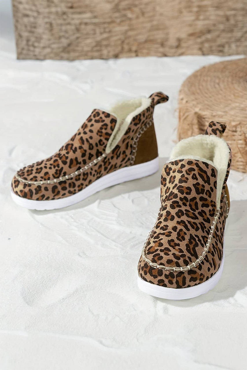 Brown Leopard Print Ankle Patched Flat Winter Fur Boots Brown Leopard Print Ankle Patched Flat Winter Fur Boots