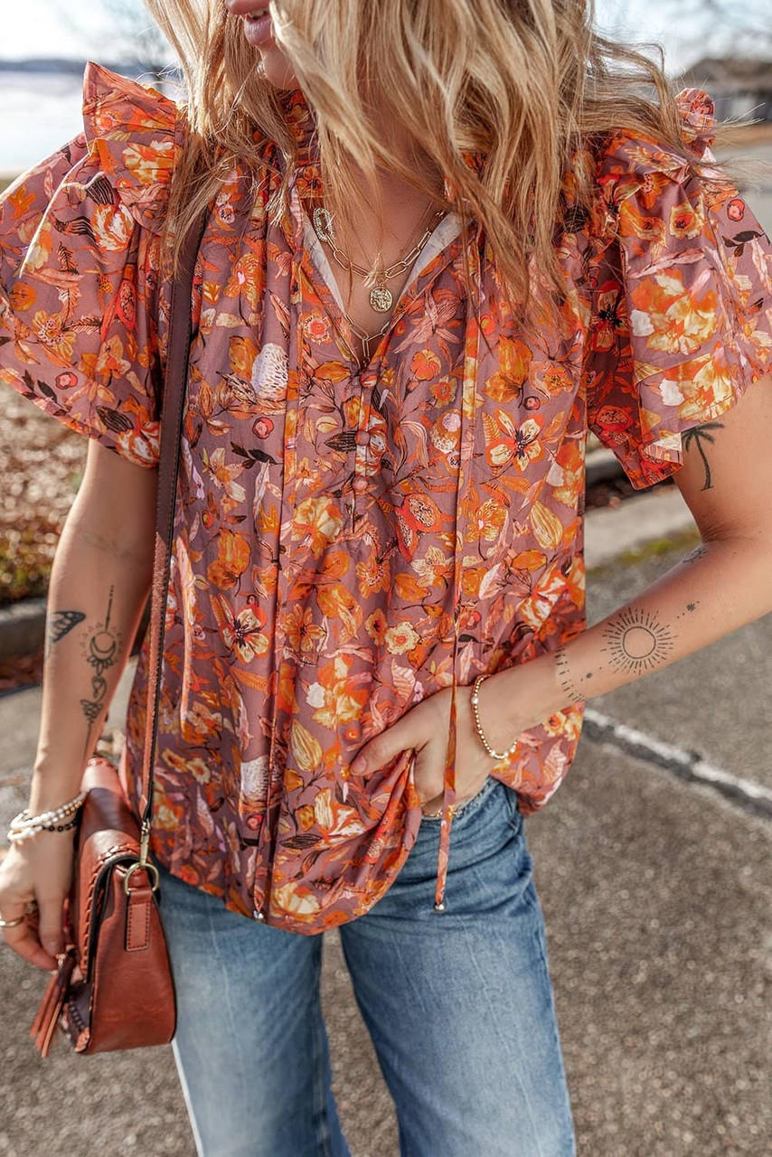 Orange Floral Print Ruffled Flutter Sleeve Frilled V Neck Blouse Orange Floral Print Ruffled Flutter Sleeve Frilled V Neck Blouse