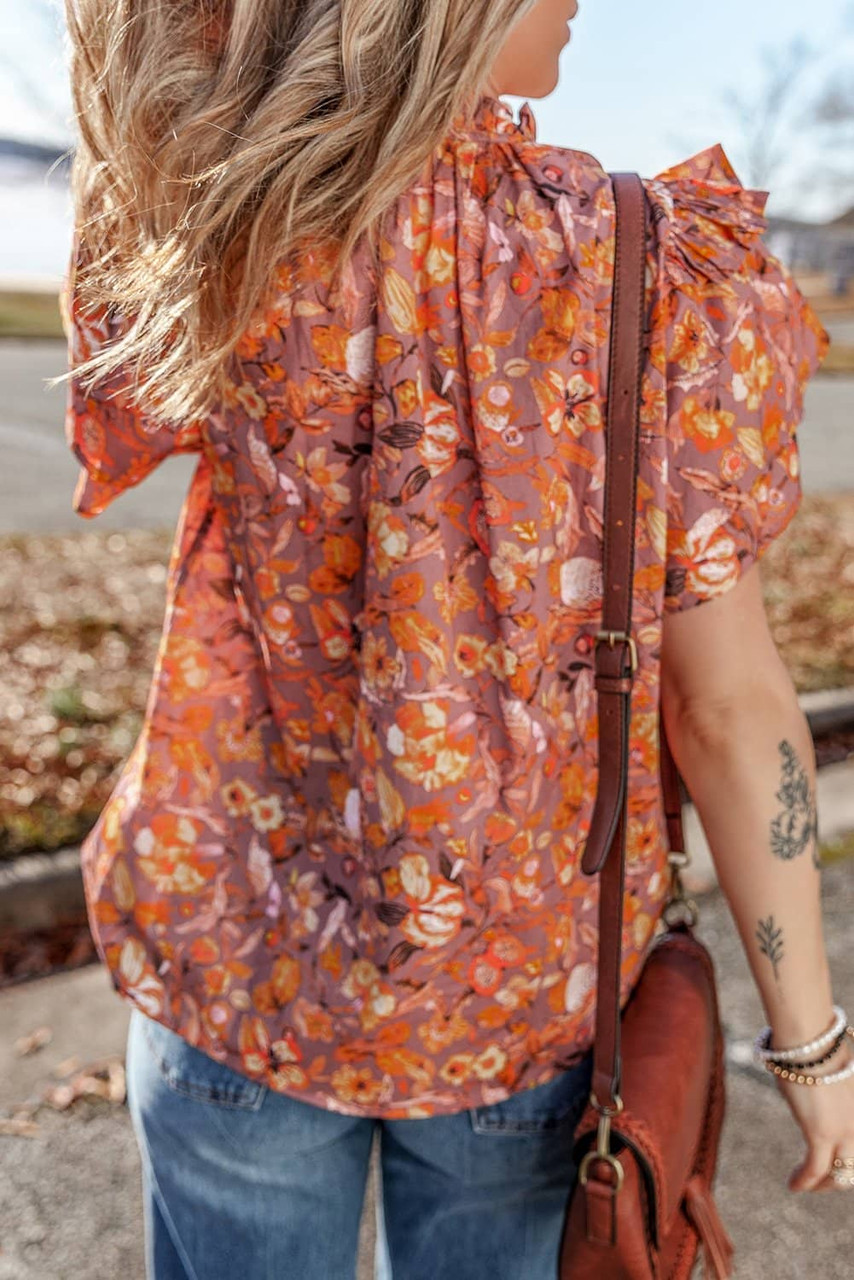 Orange Floral Print Ruffled Flutter Sleeve Frilled V Neck Blouse Orange Floral Print Ruffled Flutter Sleeve Frilled V Neck Blouse