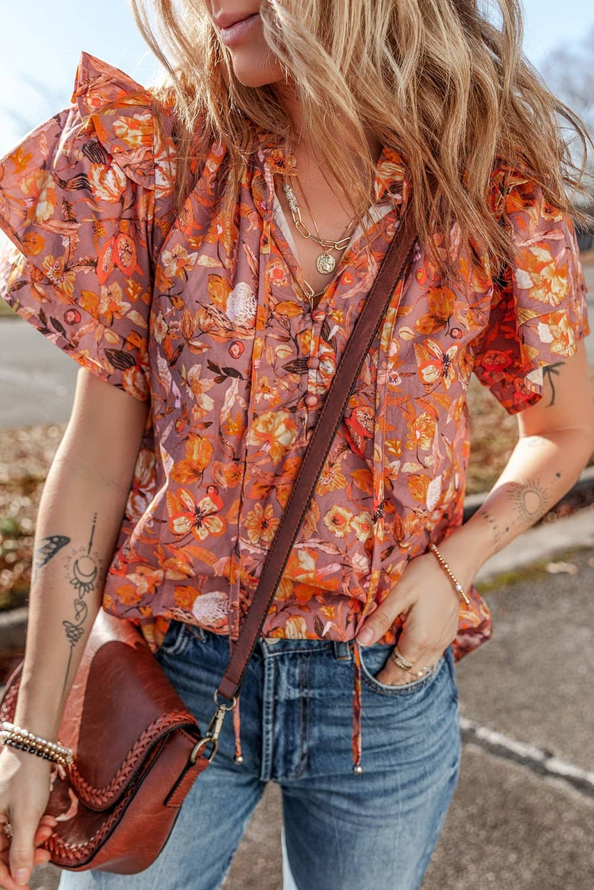 Orange Floral Print Ruffled Flutter Sleeve Frilled V Neck Blouse Orange Floral Print Ruffled Flutter Sleeve Frilled V Neck Blouse
