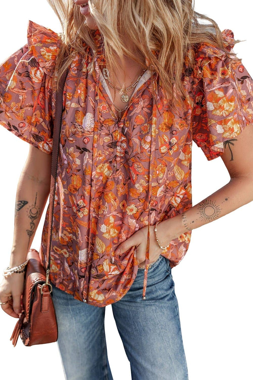 Orange Floral Print Ruffled Flutter Sleeve Frilled V Neck Blouse Orange Floral Print Ruffled Flutter Sleeve Frilled V Neck Blouse