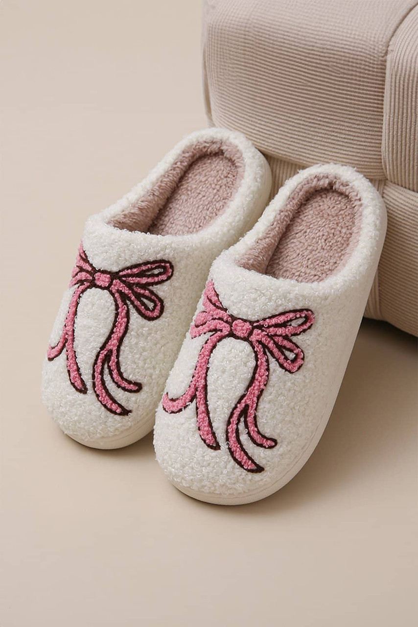 White Bow Knot Pattern Plush Warm Slippers White Bow Knot Pattern Plush Warm Slippers