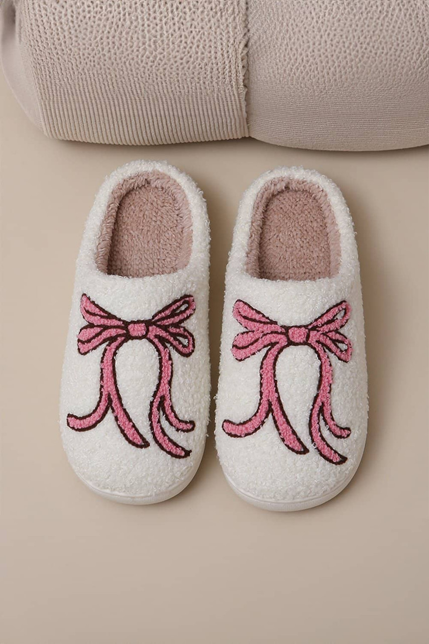 White Bow Knot Pattern Plush Warm Slippers White Bow Knot Pattern Plush Warm Slippers